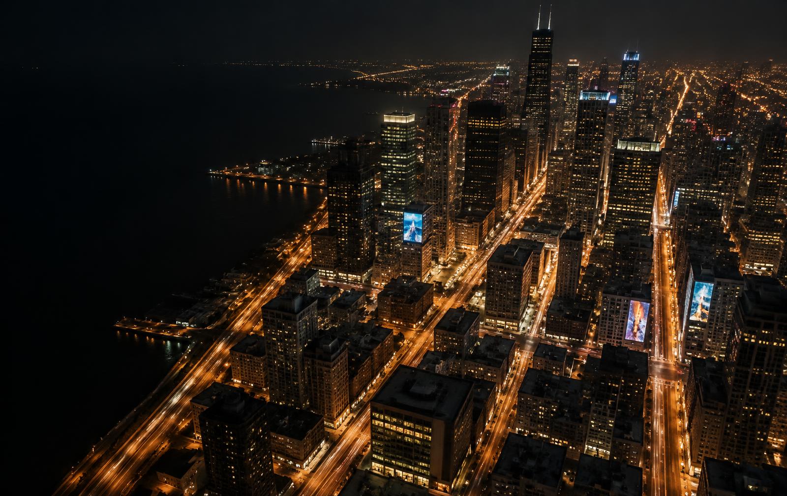 Downtown city grid at night with lit digital screens along the streets