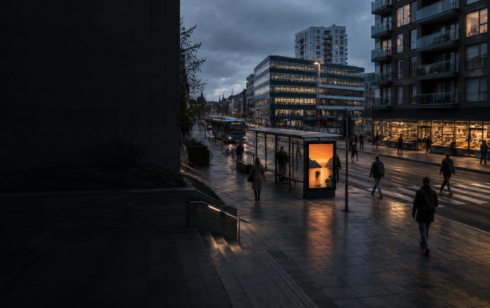 A city street connecting homes, work, shopping and outdoor media