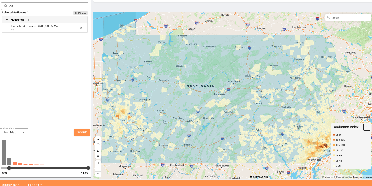 Threshold at 100 — broad coverage across Pennsylvania